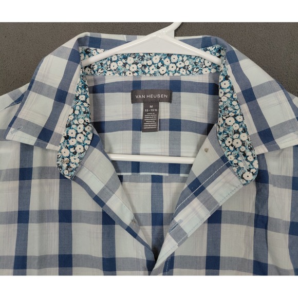 Van Heusen Other - Kids Blue White Plaid Short Sleeve Button Down Shirt Floral Trim Preppy M 15